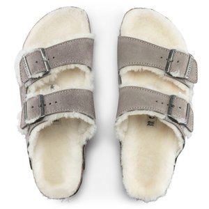 Birkenstock Arizona Suede Leather Shearling 38 8 - Stone Coin / Gray